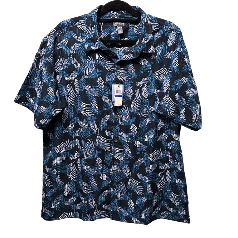 VAN HEUSEN Air Tropical Palm Leaf Blue Short Sleeve Button Up Shirt Mens XL New